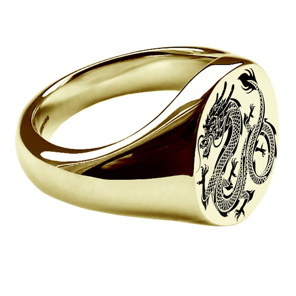 9ct Yellow Gold Chinese Dragon Laser Engraved Signet Rings 16x13mm