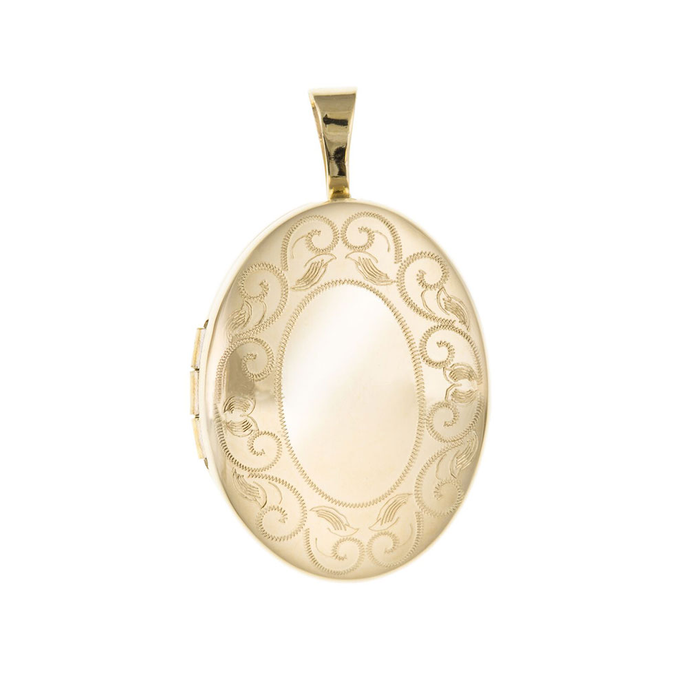 9ct Gold Patterned Oval Locket 25 x 15mm & Optional Diamond Cut Fine Hanging Belcher Chain