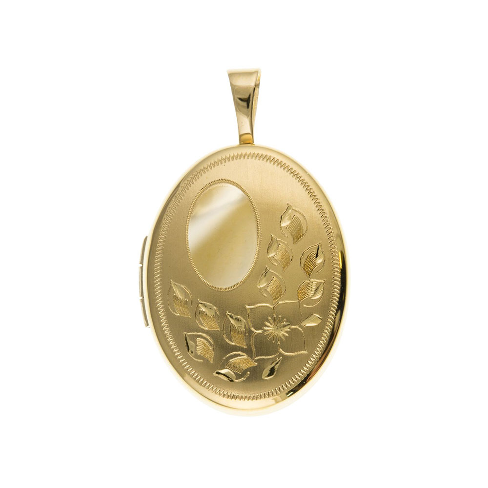 9ct Gold Patterned Oval Locket 25 x 15mm & Optional Diamond Cut Fine Hanging Belcher Chain