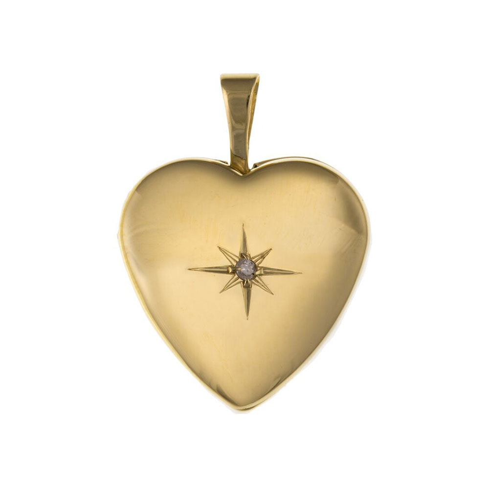 9ct Gold Diamond Set Heart Locket 17 x 12mm & Optional Diamond Cut Fine Hanging Belcher Chain