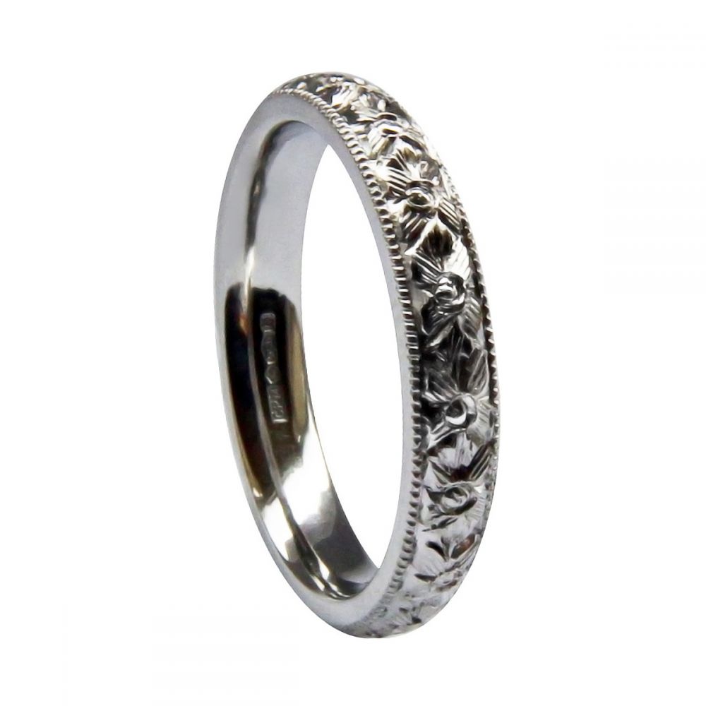 SALE 4mm 925 Sterling Silver Hand Engraved Blossom Court Comfort Wedding Band @ L
